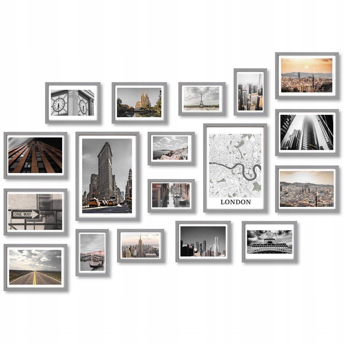 Set van 18 grijze houten fotolijsten - Galerij stijl