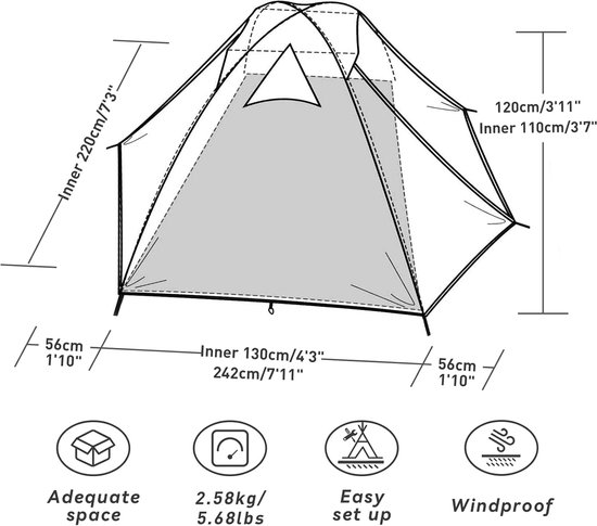 Tent voor 2 personen - waterdicht - ultralicht - ideaal voor trekking en festivals - Forceatt — afbeelding 3