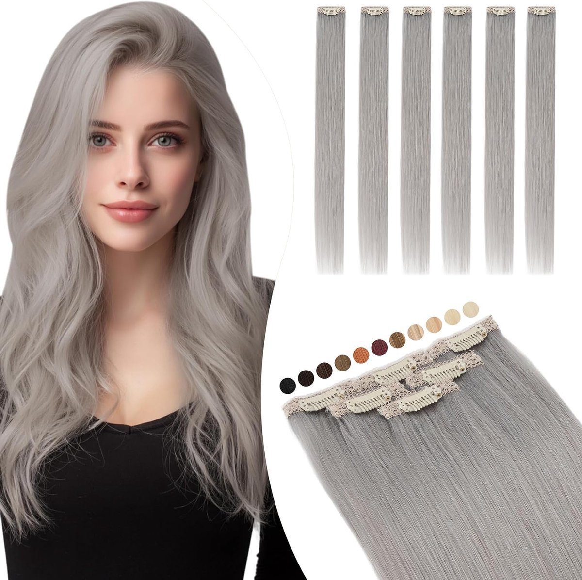 Elailite Gray Silk Lace In Braid 6 Pieces Hair Extension Clip Invisible 33g 30cm Volume/Meches # Light Grey - ShopVlot