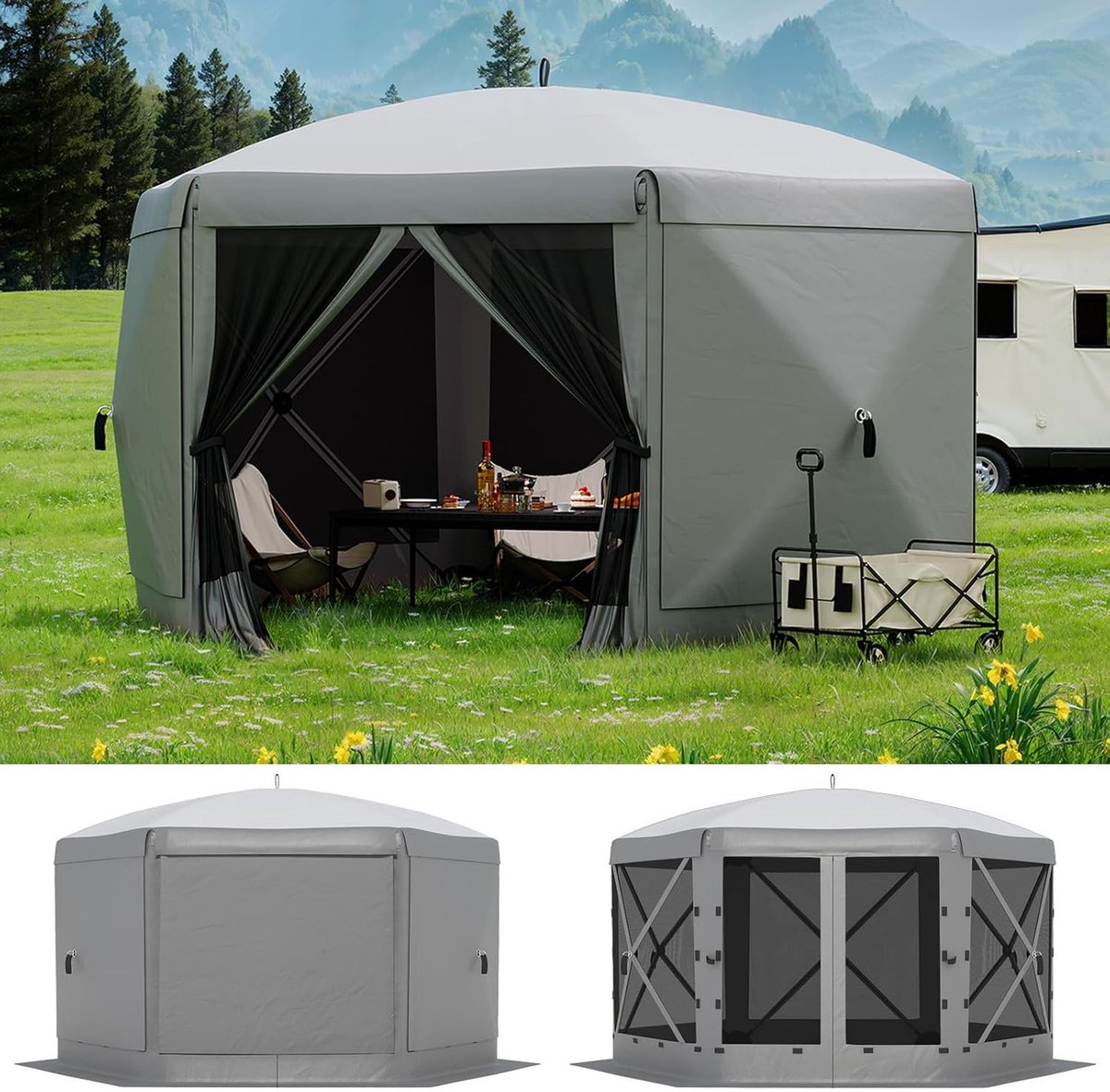 Zeskantige Pop-up Partytent - 365 cm (12FT) - Inclusief Muggennet & 6 Afneembare Zijwanden - Snel Opzetbaar - Wind- en Waterbestendig - Grijs - Luxe Prieel voor Tuin en Camping