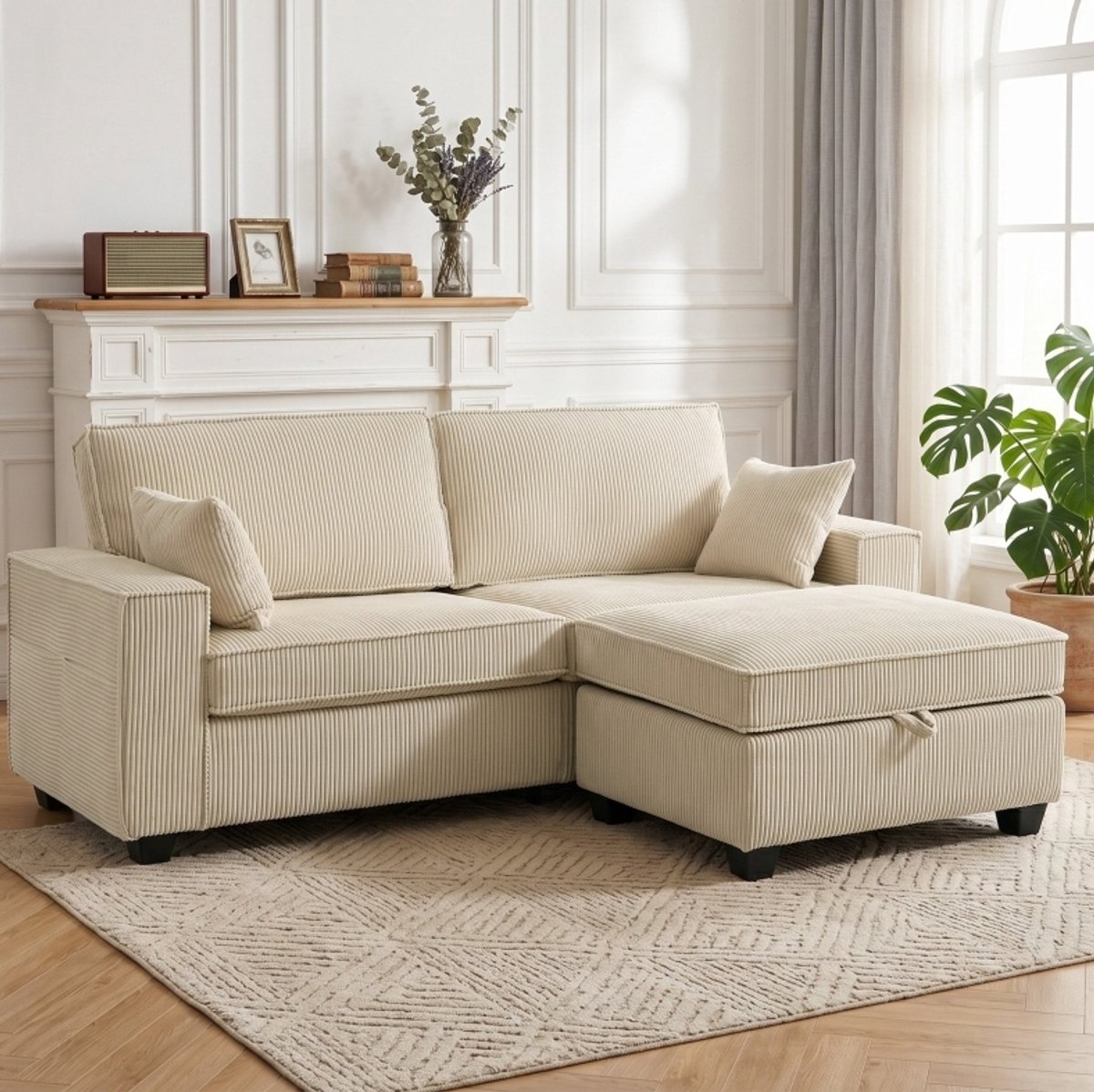 DESMIU Hoekbank 3-Zits Met Stauraum-Ottomane - L-Vorm Bank Met Zachte Cord Bekleding - Voor Woonkamer - Hout En Metaal - Beige