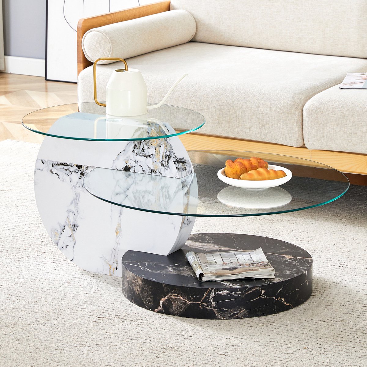 MIVRAY Salontafel - Moderne Twee Laags Tafel Met Veiligheidsglas En Marmerlook - Voor Woonkamer - MDF - Wit Zwart - 90x44 Cm