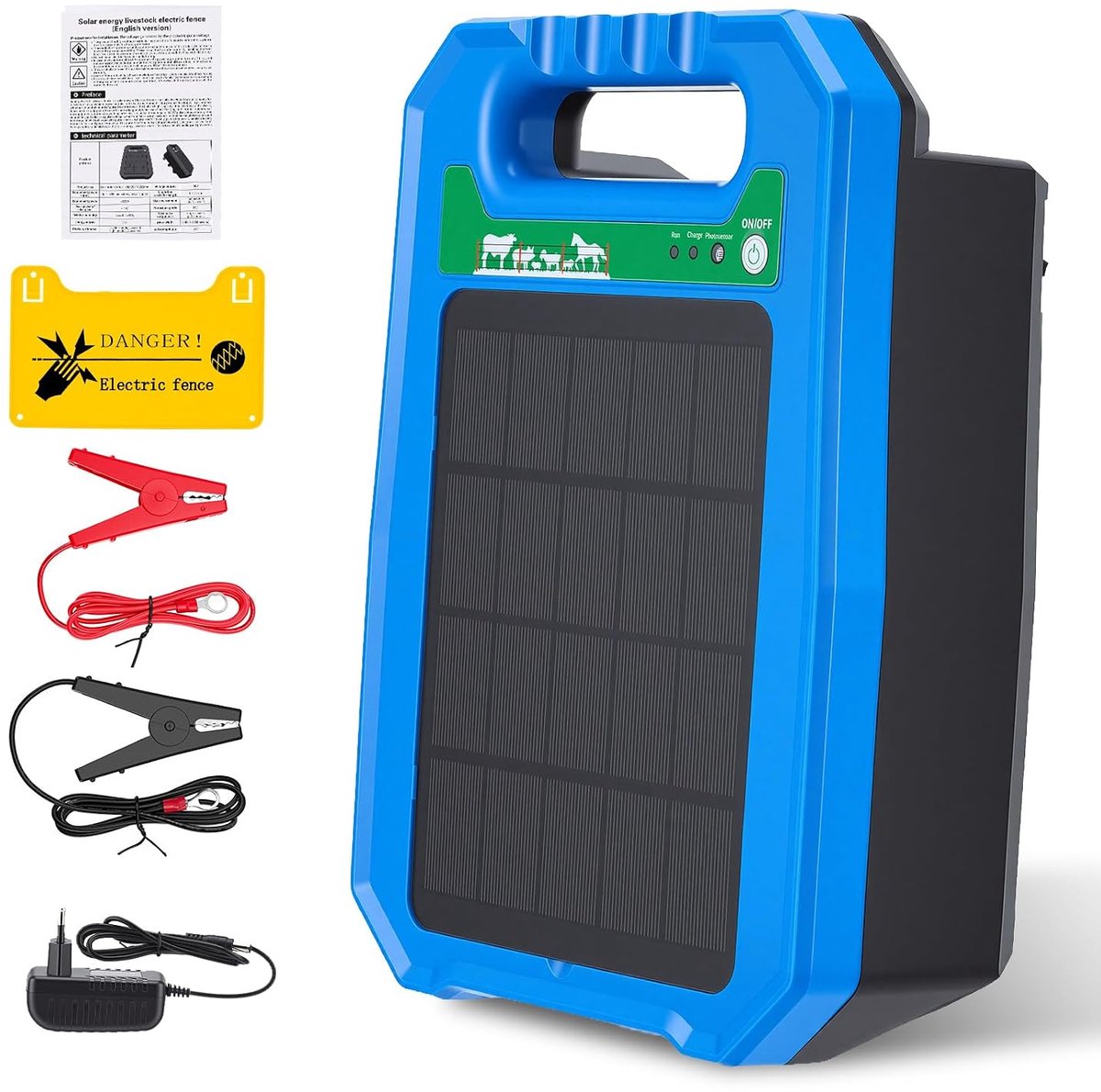 Solar Wire Fence Device, 5 km, 0.2J Output Power 8 kV Pulse, Meadow Fence Device with Battery and Solar Panel, IP55 - ShopVlot