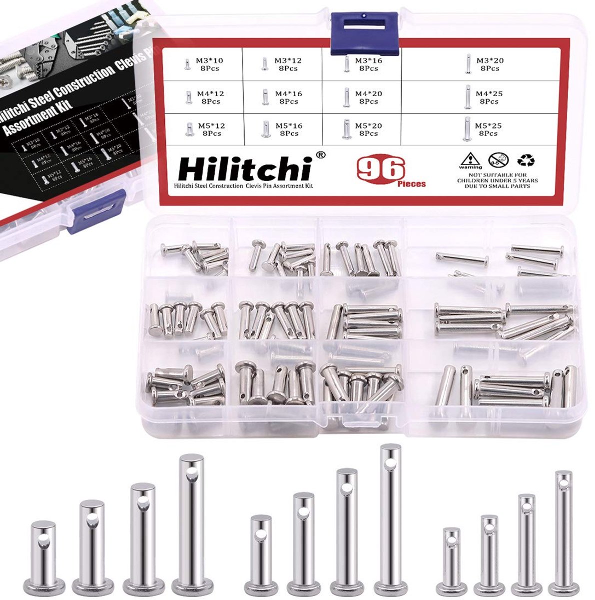 Hilitchi 96pcs 12 sizes 304 stainless steel metric clevis pins assortment kit Link hinge pin flat head mounting pins - ShopVlot