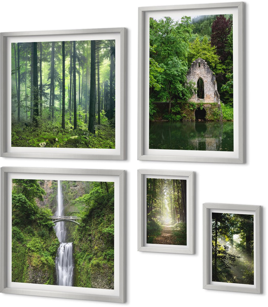 Coloray 5-Delige Schilderij Set - Groene Bossen Met Zonnestralen En Een Bospad - 20 x 30 cm - Muurdecoratie - Interieur Decoratie - Decoratieve Schilderijen