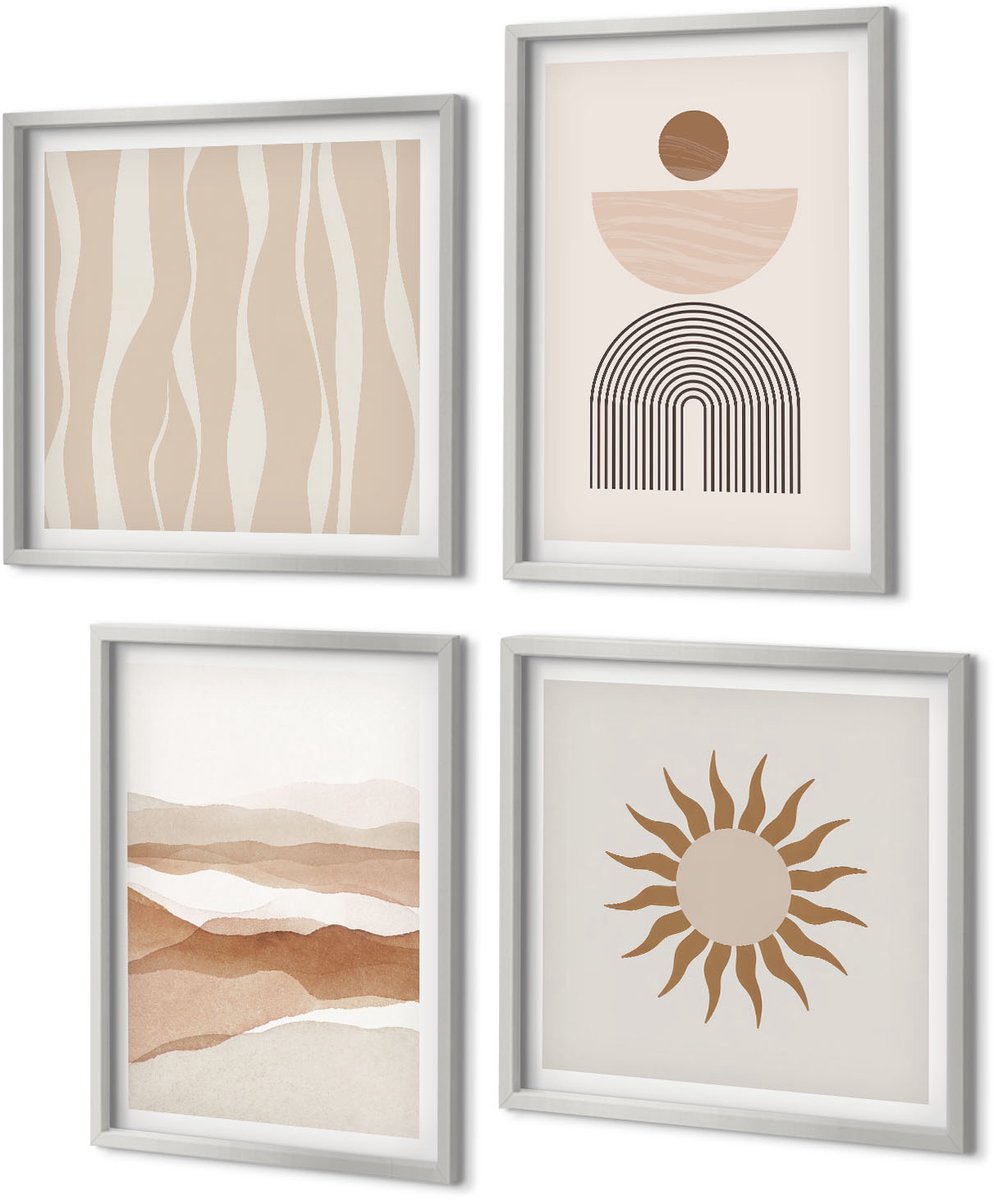 Coloray 4-Delige Schilderij Set - Abstracte landschapsvormen uit de natuur en geometrie - 40 x 40 cm en 40 x 60 cm - Muurdecoratie - Wanddecoratie - Hal