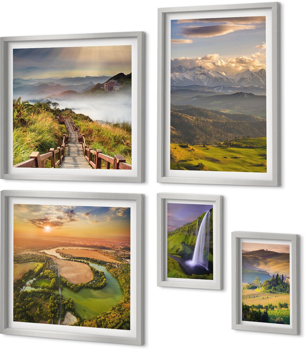 Coloray 5-Delige Schilderij Set - Groene Heuvels Met Een Kasteel En Berglandschappen - 20 x 30 cm - Muurdecoratie - Schilderijen Set - Woonkamer - Interieur Decoratie