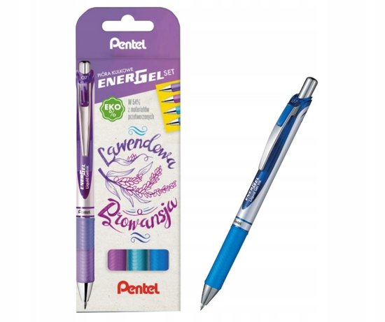 Pentel EnerGel pen in paarse verpakking en een losse blauwe Pentel EnerGel pen.