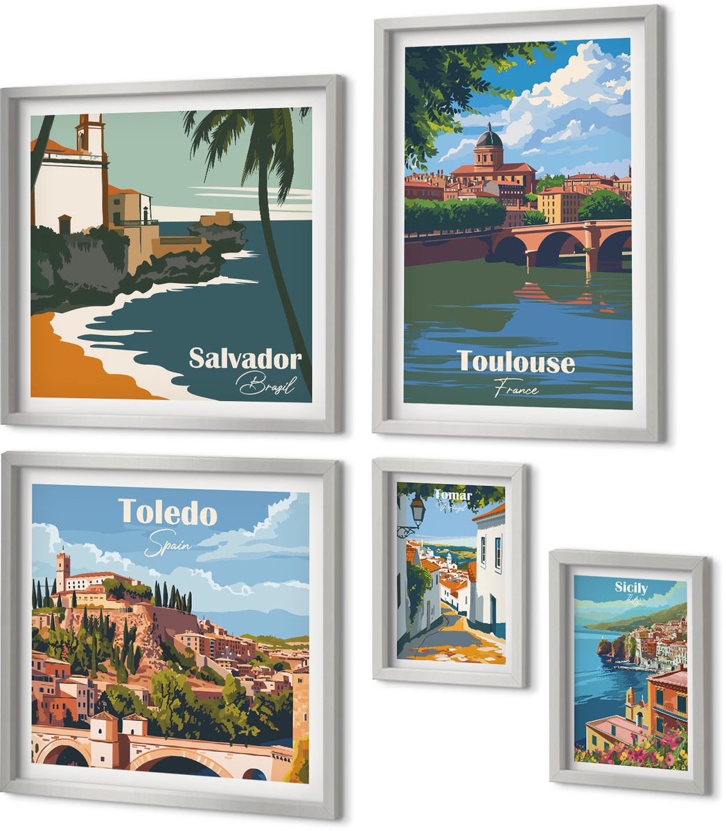 Coloray 5-Delige Schilderij Set - Kleurrijke Patronen Van Bergen En Rivieren In Japandi-Stijl - 20 x 30 cm - Wanddecoratie - Muurdecoratie - Woonkamer - Interieur Decoratie