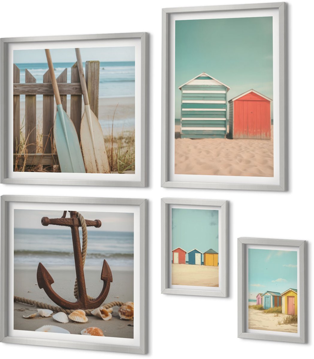 Coloray 5-Delige Schilderij Set - Kleurrijke Strandhuisjes Op Een Zonnige Dag - 20 x 30 cm - Stijlvolle Wanddecoratie - Interieur - Stijlvolle Muurdecoratie