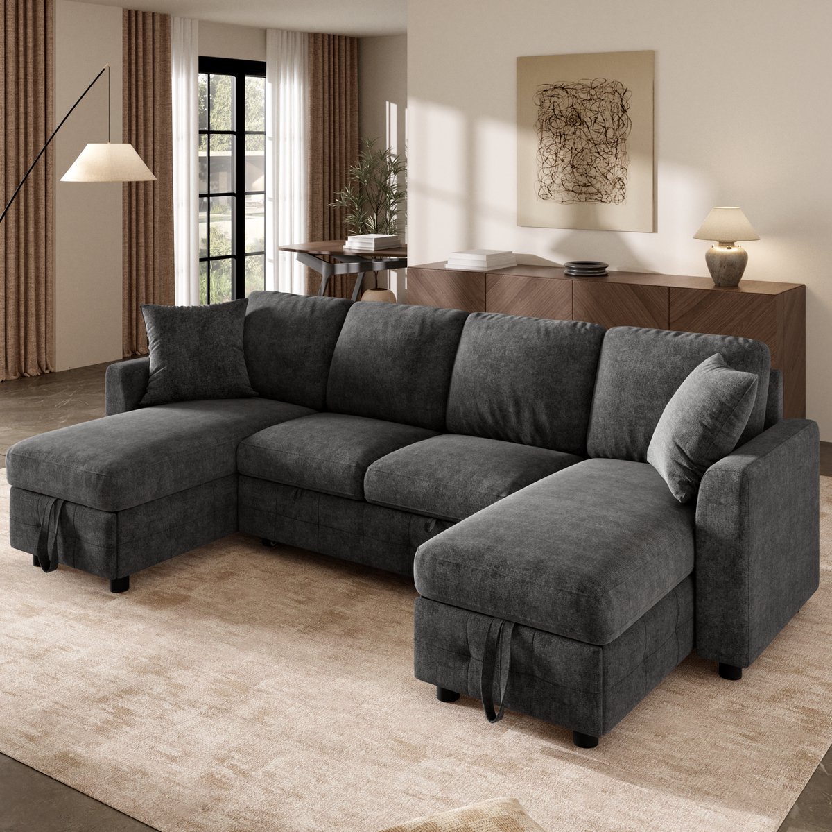 DESMIU U-Bank 260 Cm - Slaapbank Met Opbergruimte En USB En Type-C Oplaadpoorten - Voor Woonkamer - Chenille - Grijs