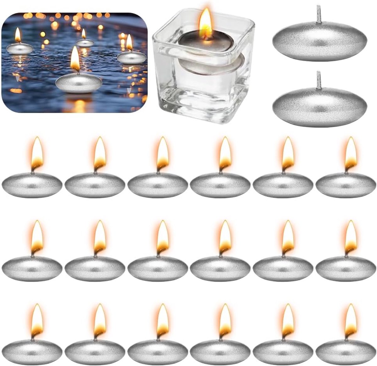 20pcs Floating Candles, Metal Candles, Silver Metallic Unscented Floating Candles, 37mm Decorative Floating Candles - ShopVlot