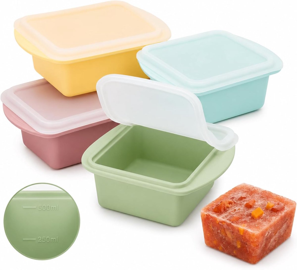 4 stuks siliconen vriescontainers met deksel, 500 ml, herbruikbaar - ShopVlot