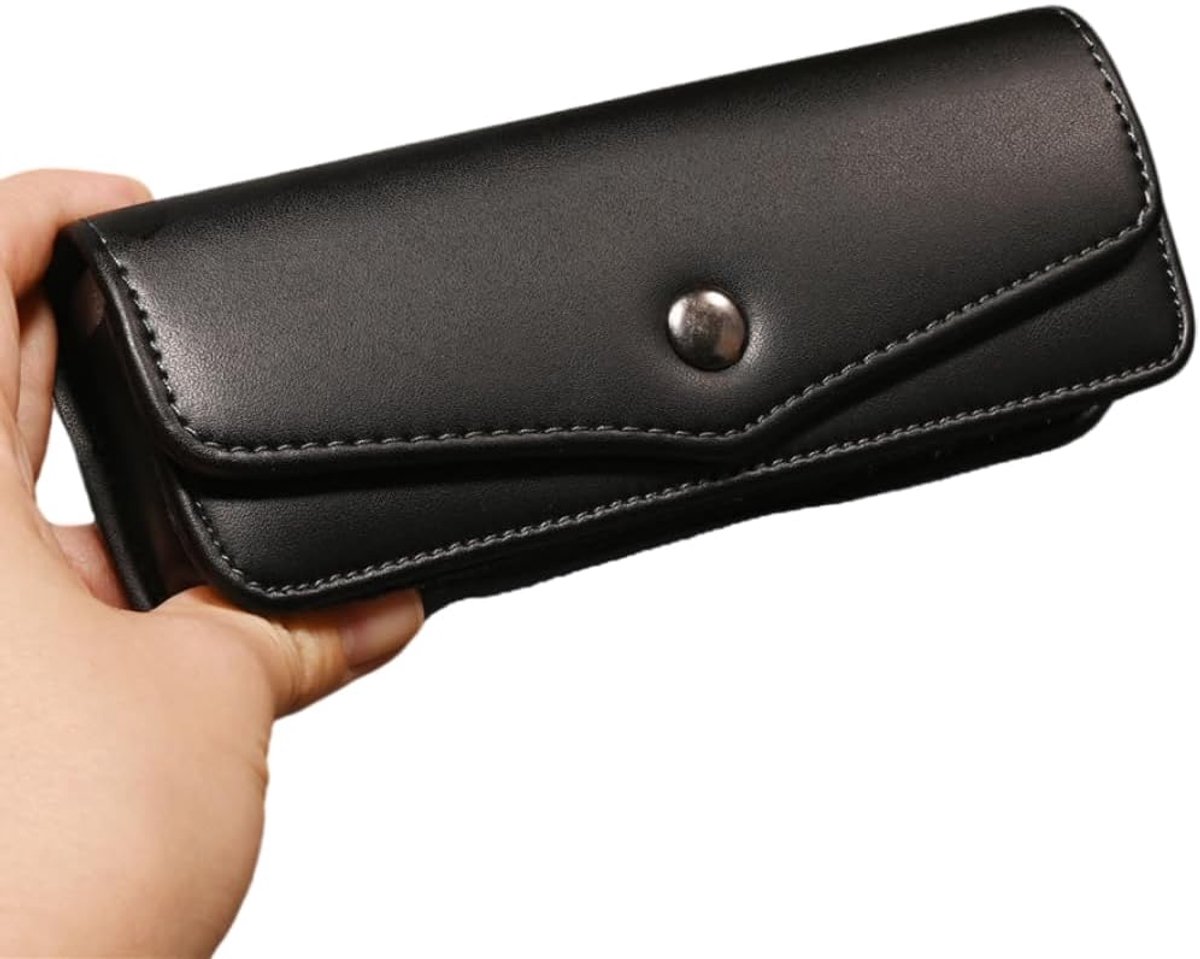 Black Leather Hard Glasses Case, Portable Glasses Case, Glasses Case Can Wear Belt for Men and Women - ShopVlot