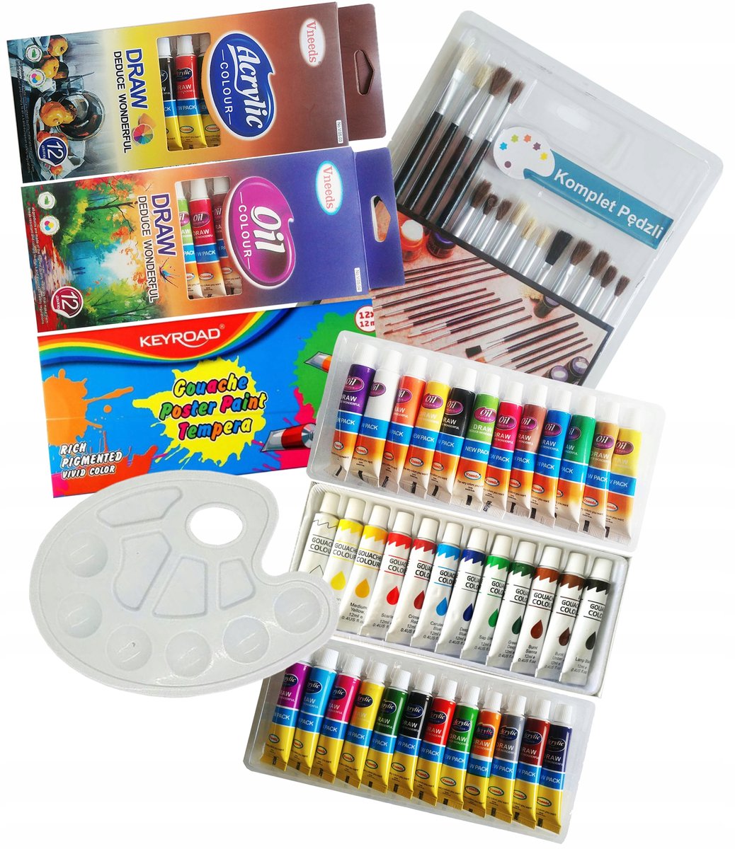 Acryl-, Olie- en Gouache Verfset met Penselen en Palet