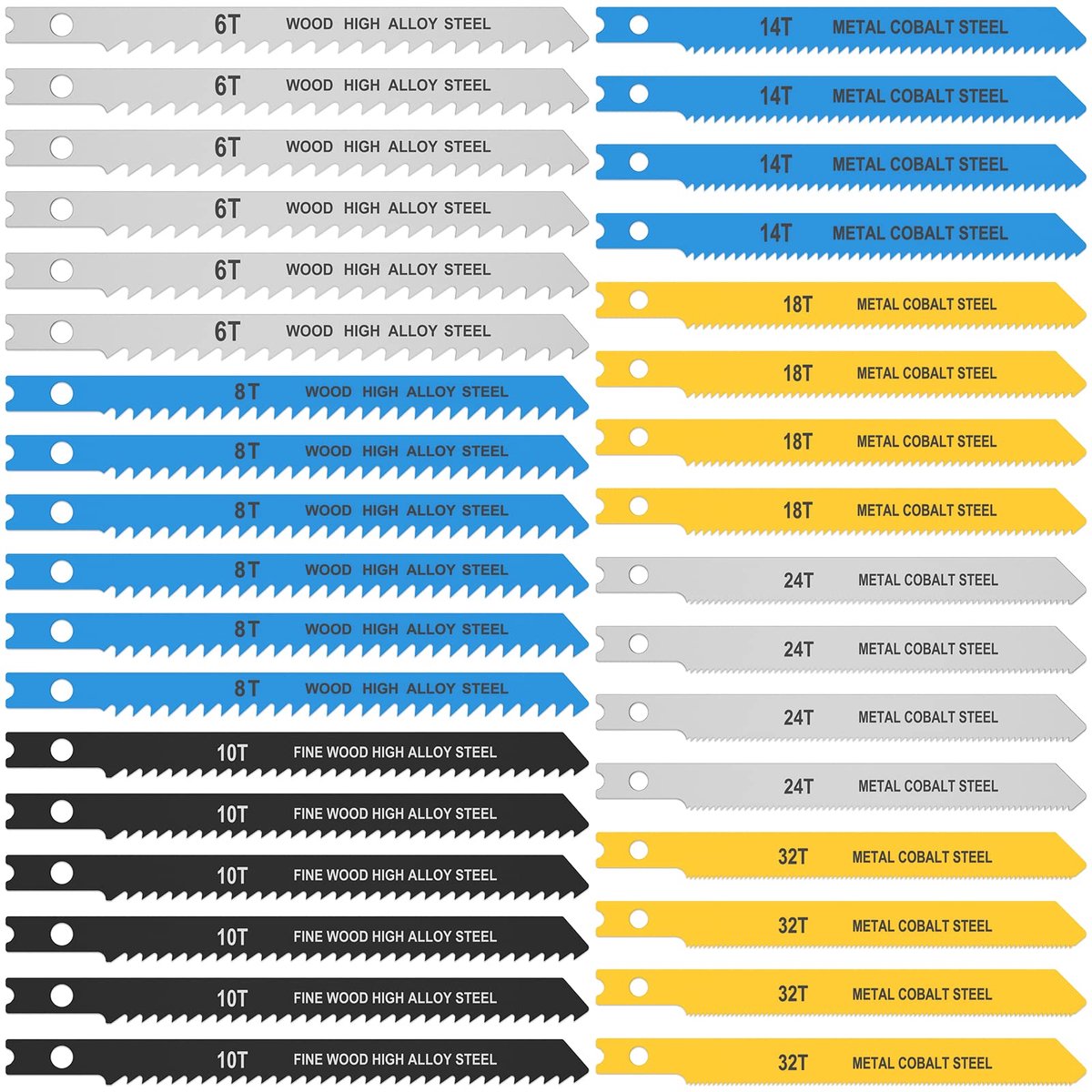 34 stuks decoupeerzaagbladen set 14TPI, 18TPI, 24TPI, 32TPI, 6TPI, 8TPI, 10TPI voor het zagen van metaal, hout en - ShopVlot