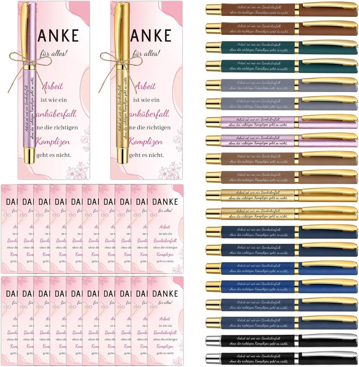Set van 20 bedankgeschenken afscheidscadeau collega's motivatie balpen 20 kaarten 10 m jute touw 10 kleuren x2 pennen - ShopVlot