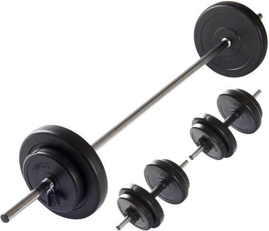 Een verstelbare halterset van zwart kunststof en metaal, bestaande uit een halterstang, twee dumbbells en diverse gewichtsplaten.