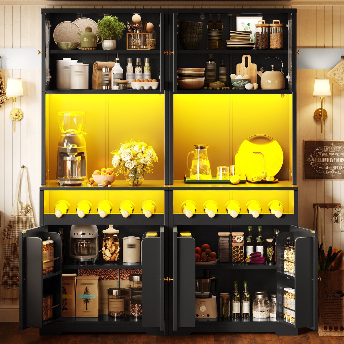 Clruro Keukenkasten - 140 x 38,3 x 180 cm - Set van 2 - App-RGB LED en Wijnrek - MDF/Metaal - Zwart