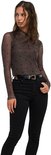 Bruin mesh shirt met lange mouwen en zwarte hartjesprint, hoge hals, gedragen door model.