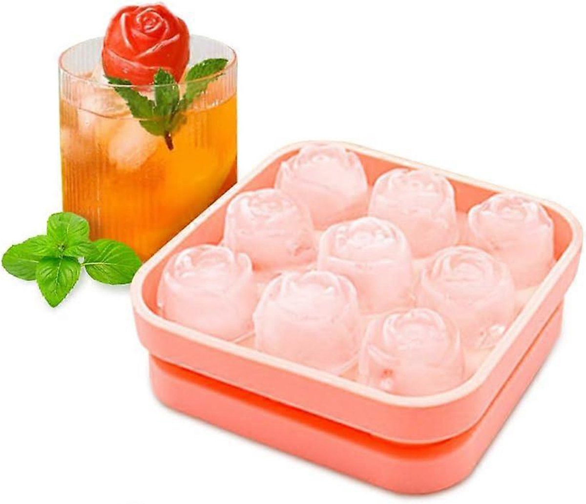 Siliconen ijsblokjesvorm- ijsblokjesvorm- ijsblokjesvorm met 9 vakjes- siliconen roze- roze ijsblokjesvorm met deksel- voor gekoelde dranken- bier- cocktails