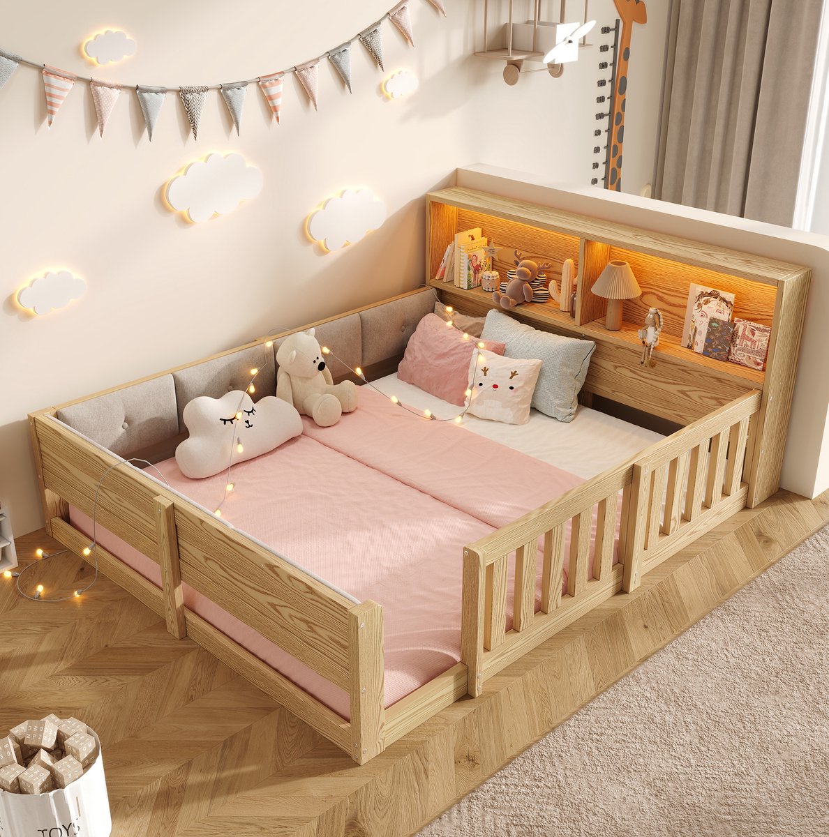 OKWISH Kinderbed 140x200 cm - Bed Met Opbergruimte En LED Verlichting - Met Uitvalbeveiliging - Gevoerd Hoofdeinde - Stof - Naturel - Zonder Matras