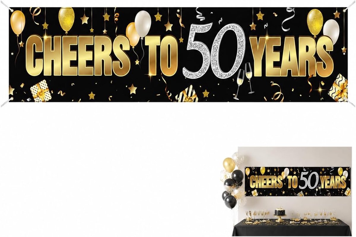 Decoratiebanner voor 50e verjaardagsfeest, zwart met gouden tekst, polyester stof, duurzaam en herbruikbaar, inclusief - ShopVlot