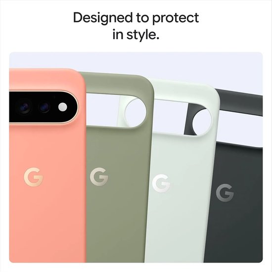 Vier Google Pixel telefoonhoesjes in het roze, groen, lichtgroen en donkergrijs met Google G-logo.