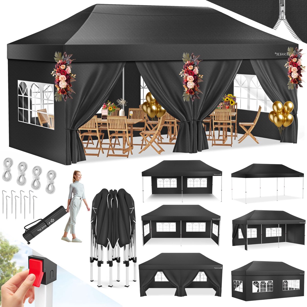 KESSER® Paviljoen, vouwpaviljoen, 6 x 3 m, feesttent met 6 afneembare zijwanden, tuintent, in hoogte verstelbaar en - ShopVlot