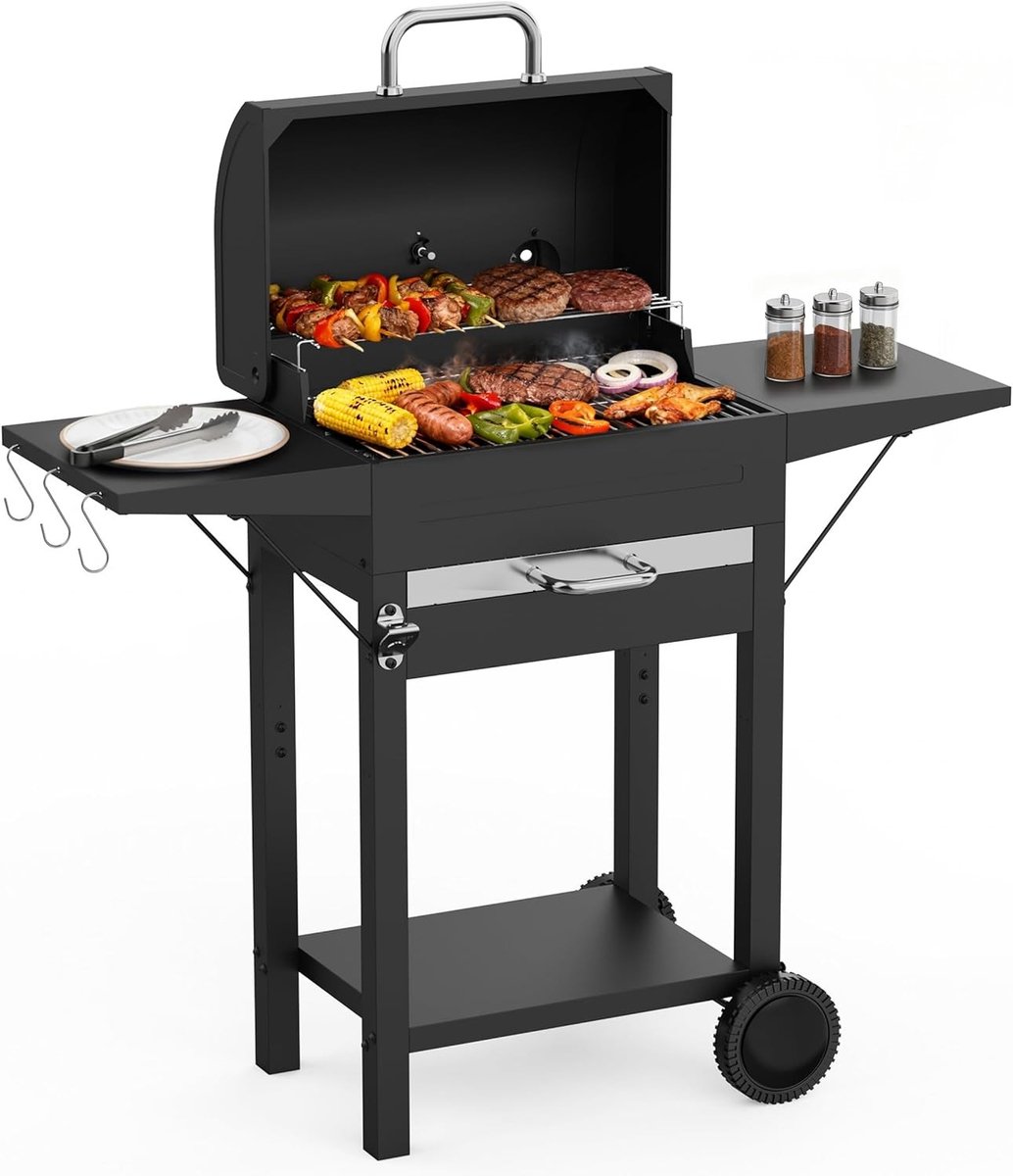 Houtskool BBQ Grill met Roker - Zwart - Draagbare Grill met Zijplanken - Voor Buiten en Tuin