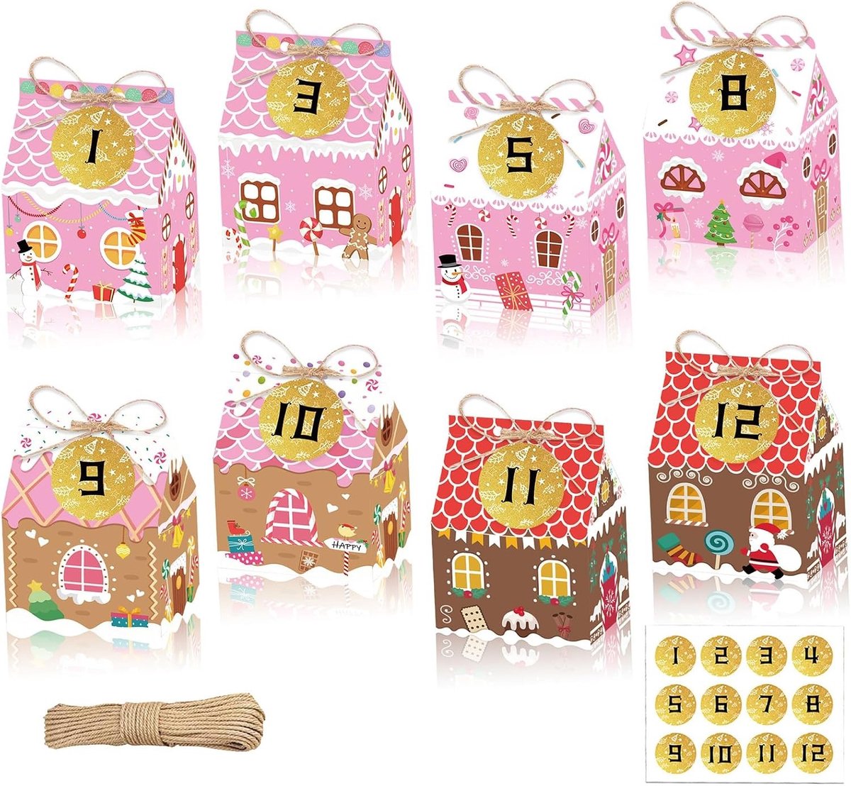 Lege Adventskalender - Roze - 5 x 7 x 9,5 cm - Kartonnen Geschenkdozen met Cijferstickers - Voor Doe-Het-Zelf Kerstdecoratie