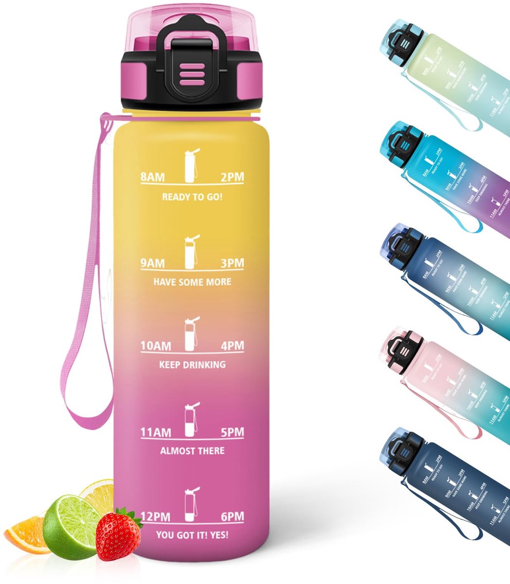 Waterfles 1L met tijdmarkering, waterfles voor sport en outdoor, lekvrij en herbruikbaar