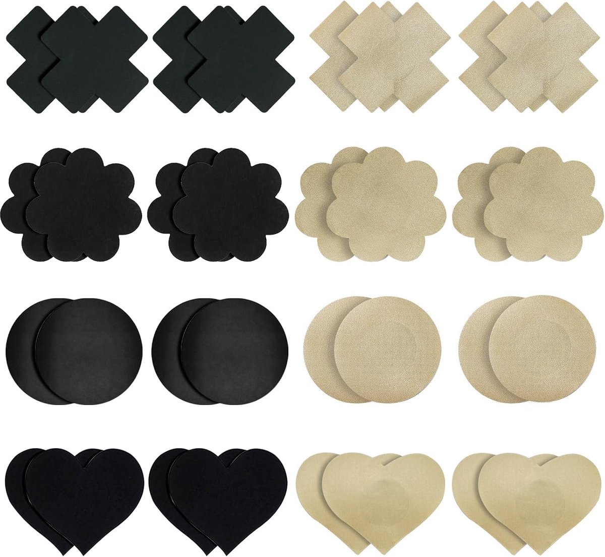 Nipple pads zelfklevend 32 stuks - hartvorm, cirkel, madeliefje - ademend zwart en huidkleur - ShopVlot