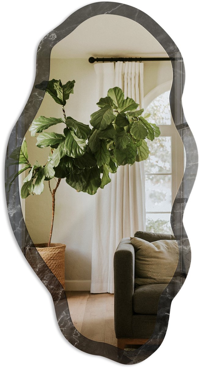 TULUP Marmerpatroon Spiegel - Zwart Strakke Rechthoekige Spiegel - Organische Spiegel - Woonkamer, Kantoor, Slaapkamer - Klassiek - 45x90 cm - Totale afmeting 52x97 cm Marmerpatroon, Zwart