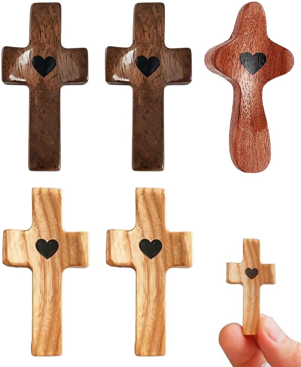 Set van 5 handgesneden gebedskruisen - houten hart - troostkruis, tafelkruis en muur - religieus cadeau voor doop - ShopVlot