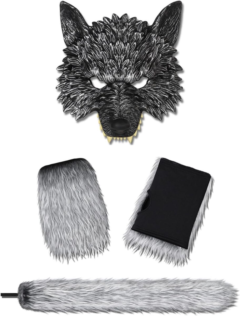 Werwolf masker met wolfshandschoenen - grijs - wolfstaart - ideaal voor Halloween en carnaval - ShopVlot