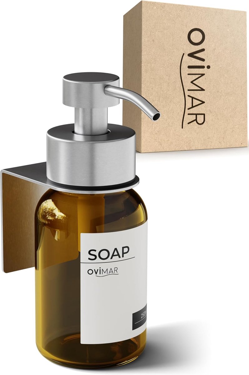 ovimar glass soap dispenser Rosnaes silver - stainless steel pump head and wall mount - no drilling to glue with 3M - ShopVlot
