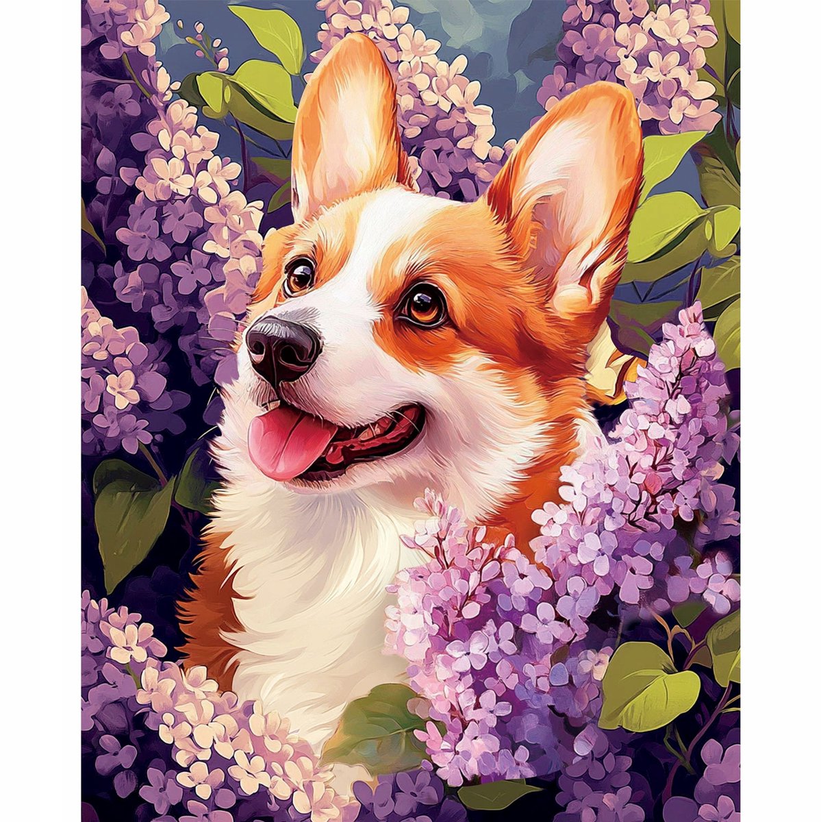 Merkloos Diamond Painting Corgi Hondje & Bloemen 40x50cm met Frame