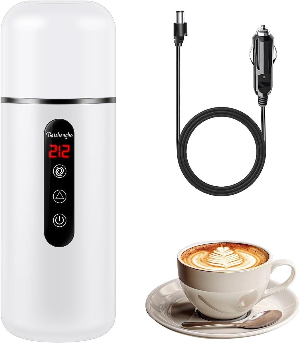 KZQ Draagbare elektrische waterkoker voor auto 12V/24V - 420 ml met ingebouwde roerder - Geschikt voor thee koffie en melk - Wit