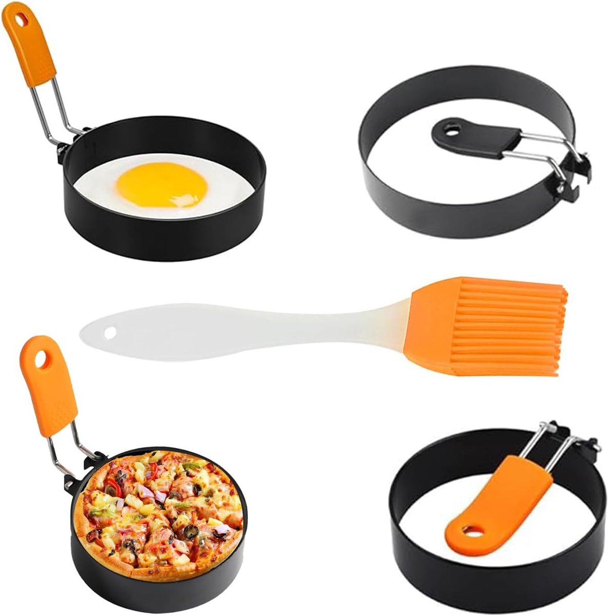 Pack of 4 Egg Moulds, Fried Eggs, Non-Stick Coating, Oven Mold with Folding Handles, Egg Ring with Silicone Brushes - ShopVlot