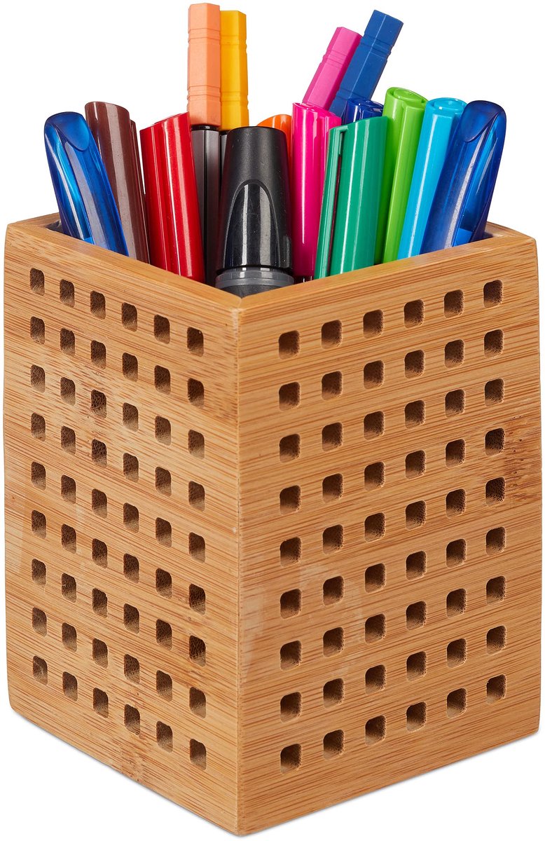 Famanu – 2x Bamboe pennenbakje, houten doosje in landhuisstijl, geperforeerd, 11 x 9 x 9 cm voor meer orde