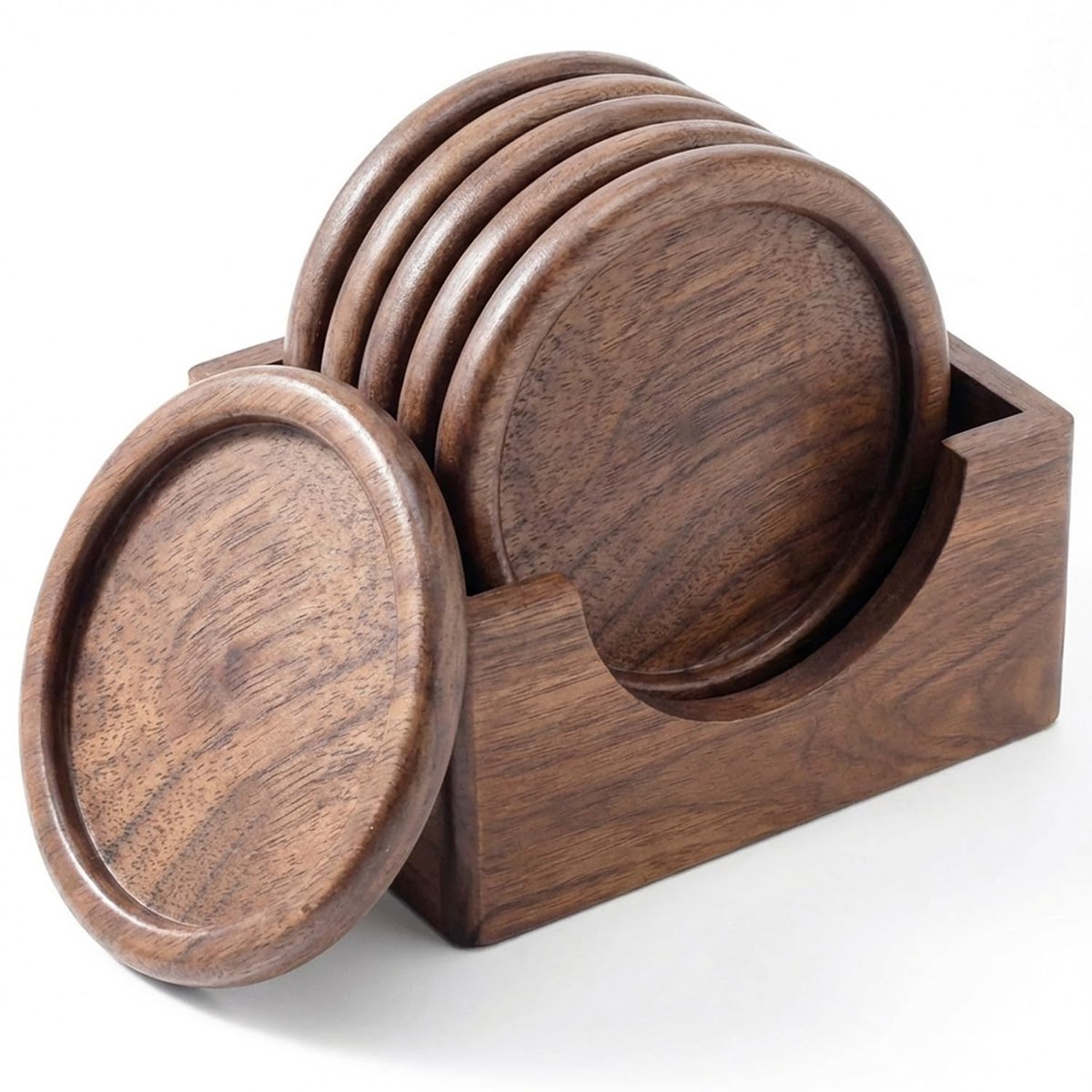 Famanu – Set van 6 walnoothouten onderzetters, rond met opbergstandaard, ideaal voor glazen en kopjes, ø 10 cm