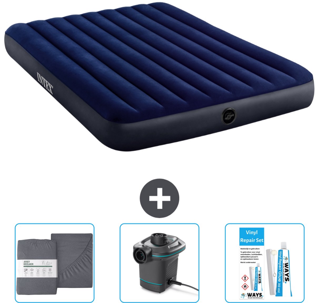 Intex Luchtbed - 2-Persoons - 152 x 203 x 25 cm cm - Blauw - Inclusief Hoeslaken - Pomp en Reparatieset
