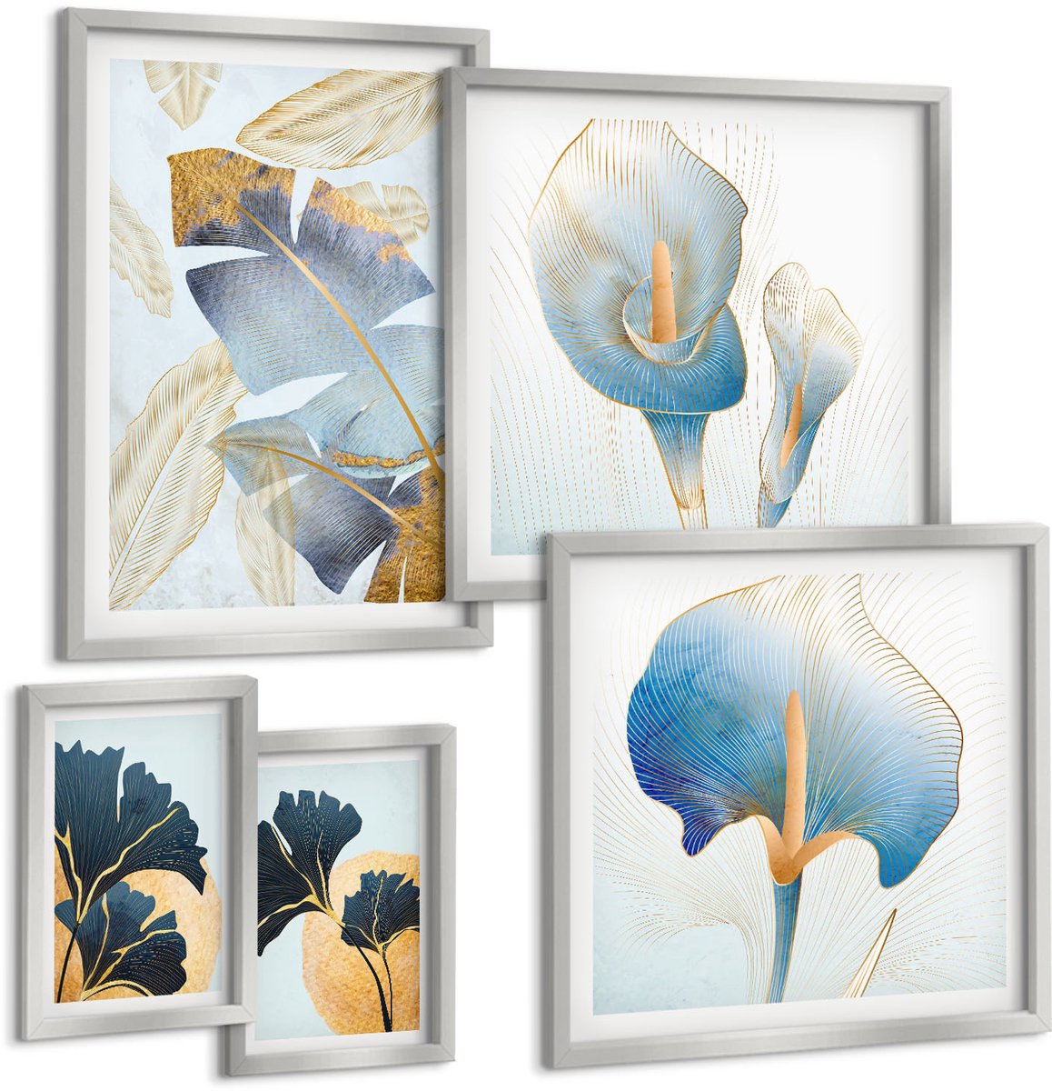 TULUP 4-Delige Schilderij Set - Plantenmotieven in een moderne stijl met subtiele accenten. - 50 x 50 cm, 20 x 30 cm en 40 x 60 cm - Muurdecoratie - Decoratieve Schilderijen - Wohnzimmer - Stijlvolle Muurdecoratie Zilveren lijst
