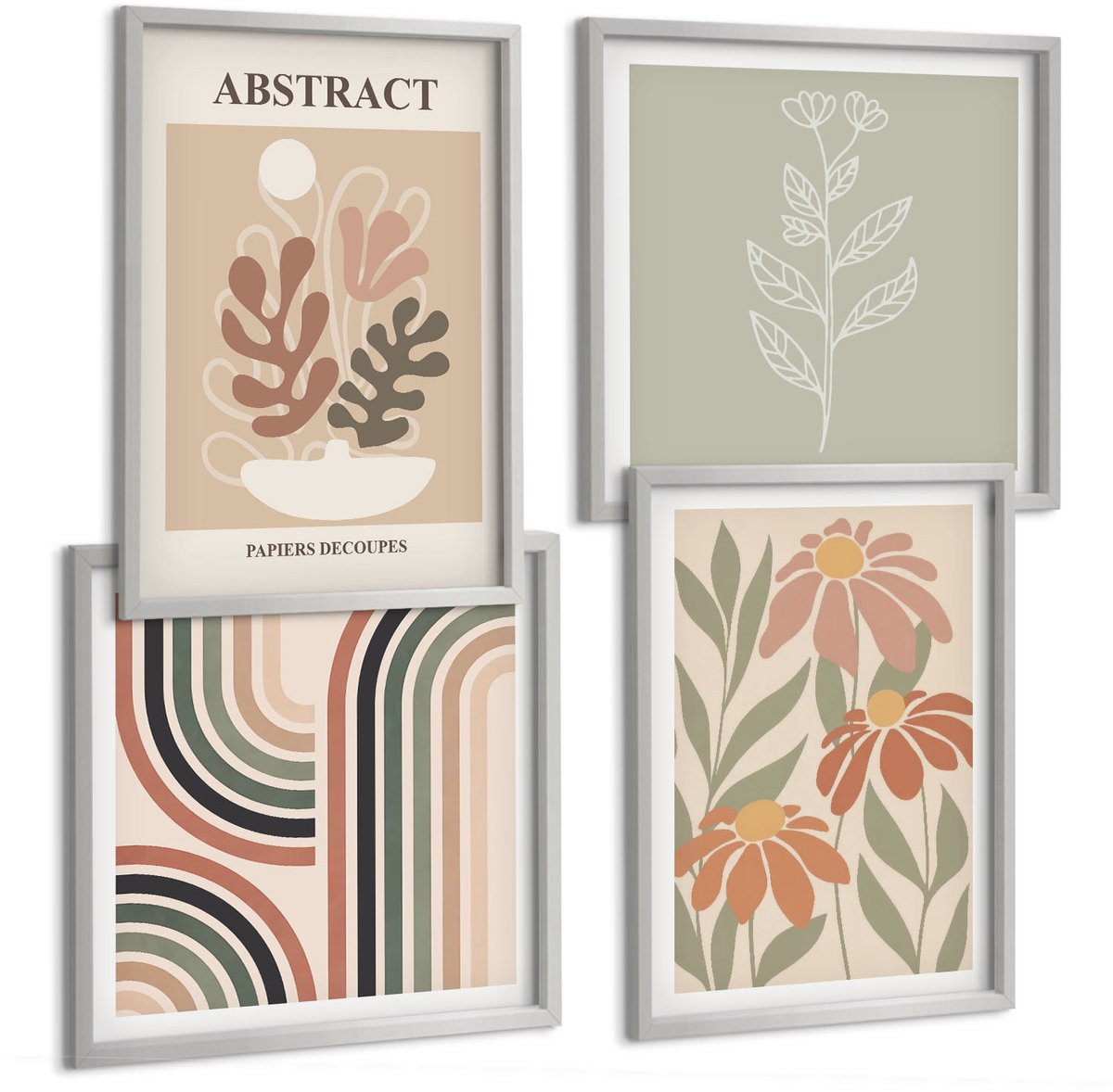 TULUP 4-Delige Schilderij Set - Abstracte planten en patronen in pastelkleuren - 40 x 40 cm en 40 x 60 cm - Wanddecoratie - Schilderijen Set - Interieur - Moderne Wanddecoratie Zilveren lijst