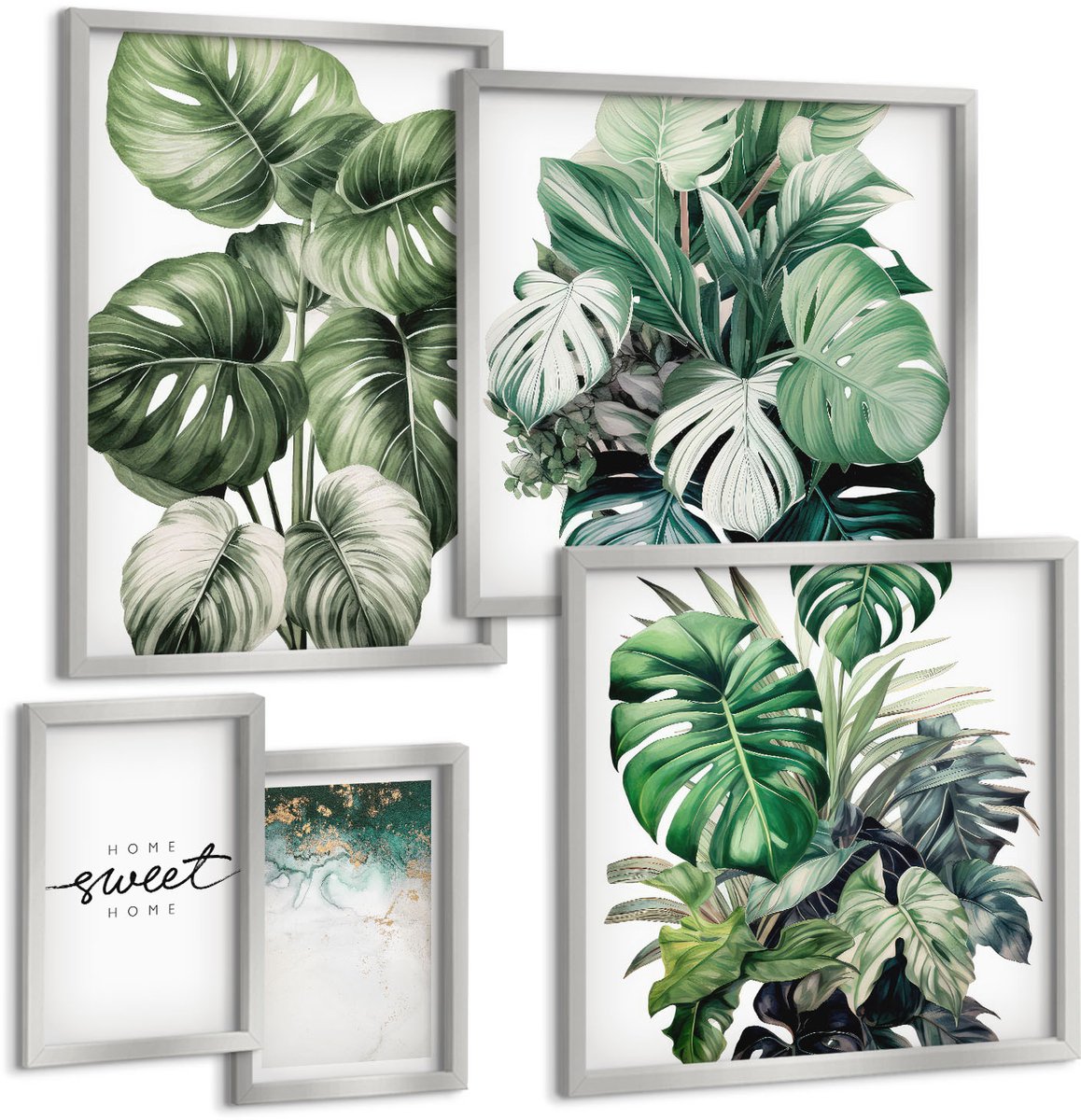 TULUP 4-Delige Schilderij Set - Decoratieve plantmotieven in een moderne stijl - 50 x 50 cm, 20 x 30 cm en 40 x 60 cm - Stijlvolle Wanddecoratie - Interieur - Interieur Decoratie Zilveren lijst