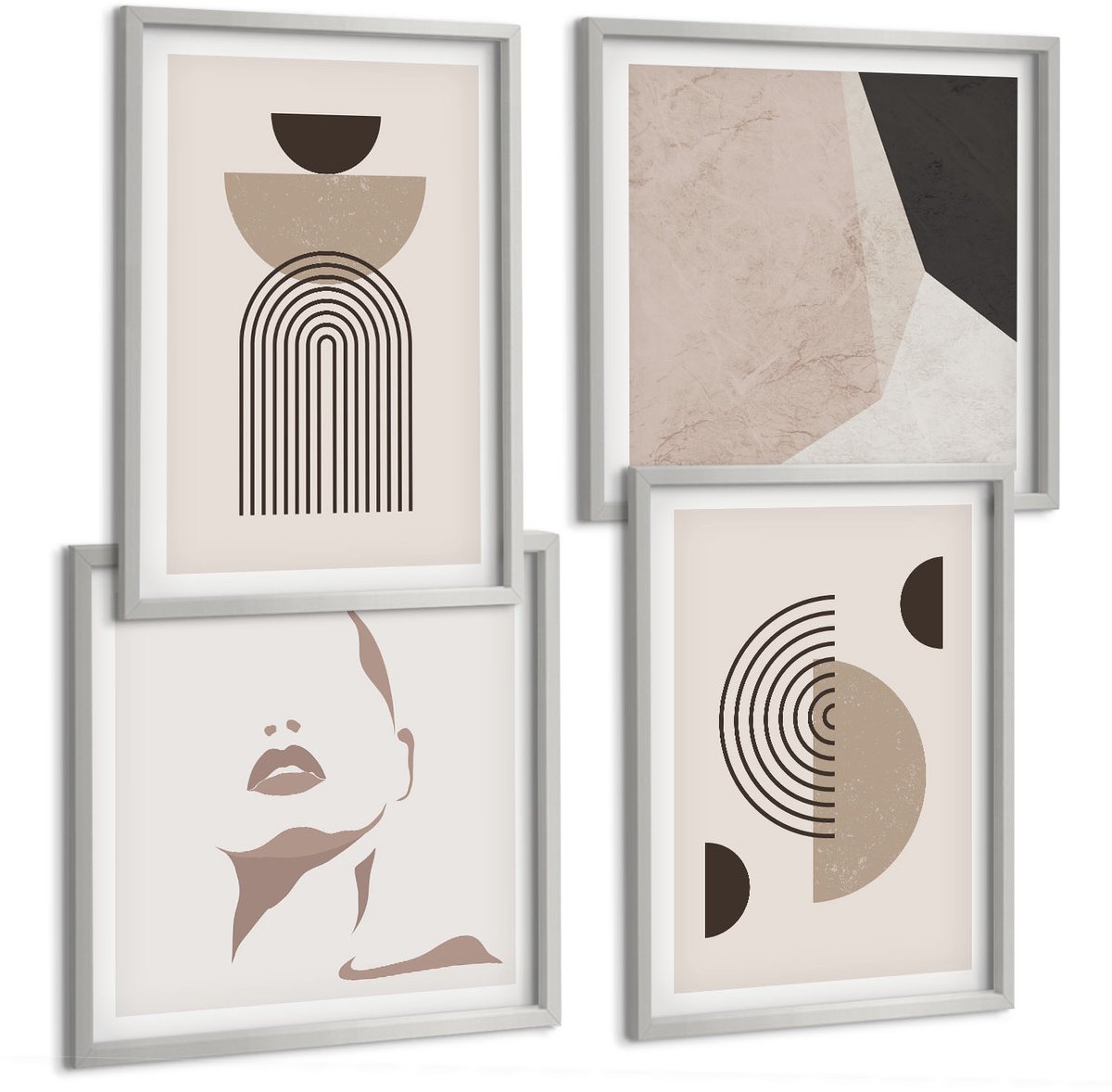 TULUP 4-Delige Schilderij Set - Abstracte geometrische vormen en gezichtssilhouet - 40 x 40 cm en 40 x 60 cm - Muurdecoratie - Schilderijen Set - Woonkamer - Stijlvolle Muurdecoratie Zilveren lijst