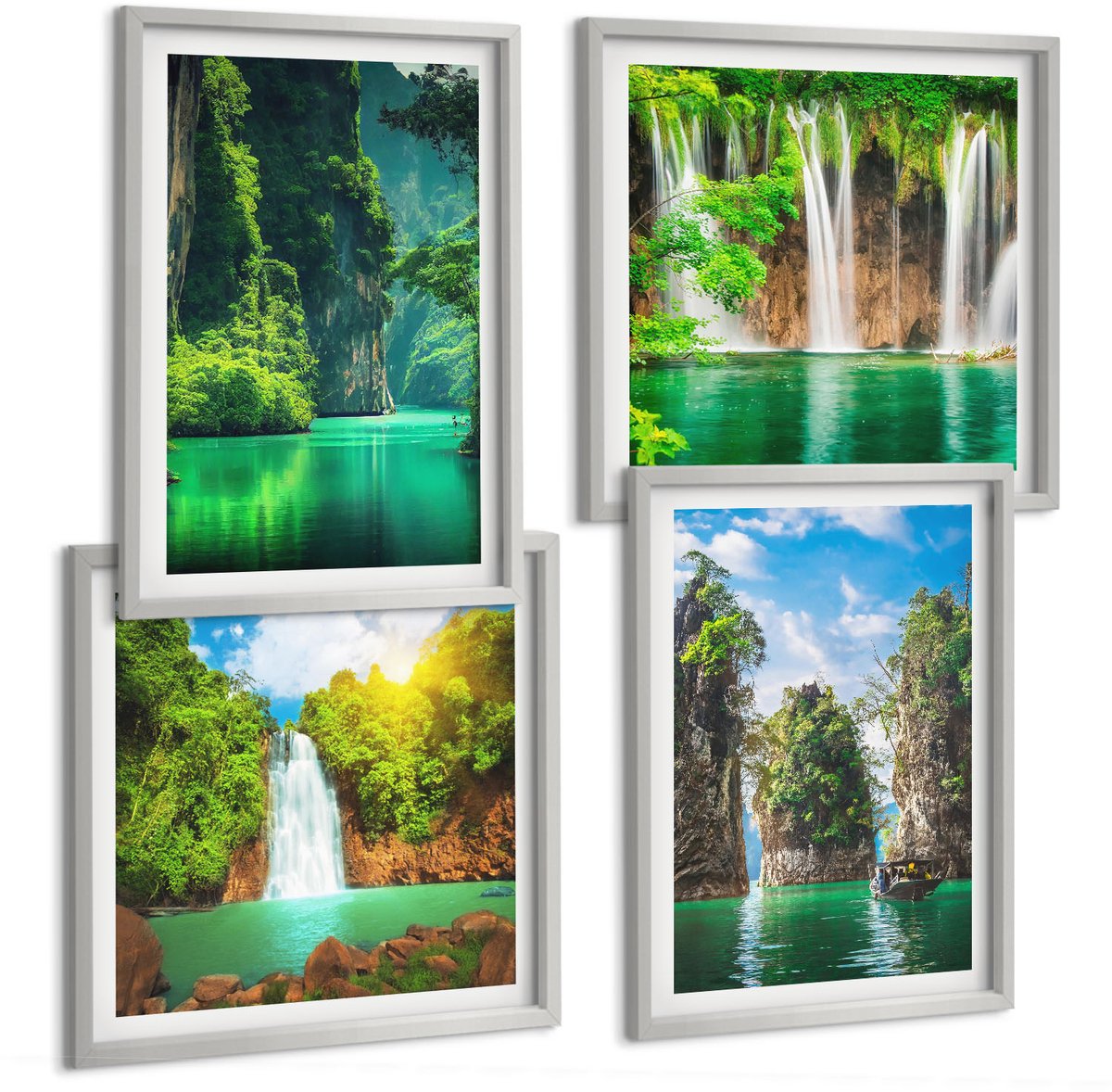 TULUP 4-Delige Schilderij Set - Groene landschappen met watervallen en rotsen - 40 x 40 cm en 40 x 60 cm - Wanddecoratie - Muurdecoratie - Moderne Interieurdecoratie - Interieur Decoratie Zilveren lijst