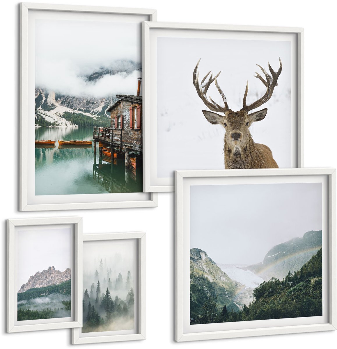 Tulup 4-Delige Schilderij Set - Berglandschappen met wilde dieren en een meer - 50 x 50 cm, 20 x 30 cm en 40 x 60 cm - Decoratieve Schilderijen - Woonkamer - Interieur - Muurdecoratie