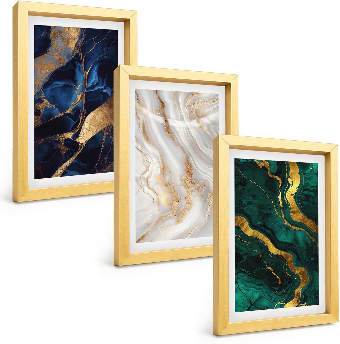 TULUP 4-Delige Schilderij Set - Abstracte patronen in blauw- en groentinten. - 20 x 30 cm - Schilderijen Set - Wanddecoratie - Woonkamer - Decoratieve Schilderijen Gouden lijst